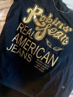 Robin's Jean Navy Tee with Gold Metallic Logo